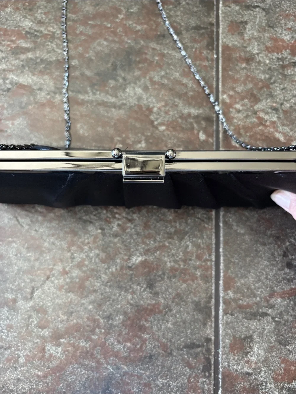 Jessica McClintock Black Satin Pleated Frame Clutch with Chain